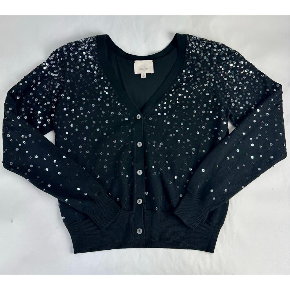 Cinq a Sept Nancy Sequin Cropped Cardigan Sweater Black Party Luxury Glam Small - Picture 2 of 9
